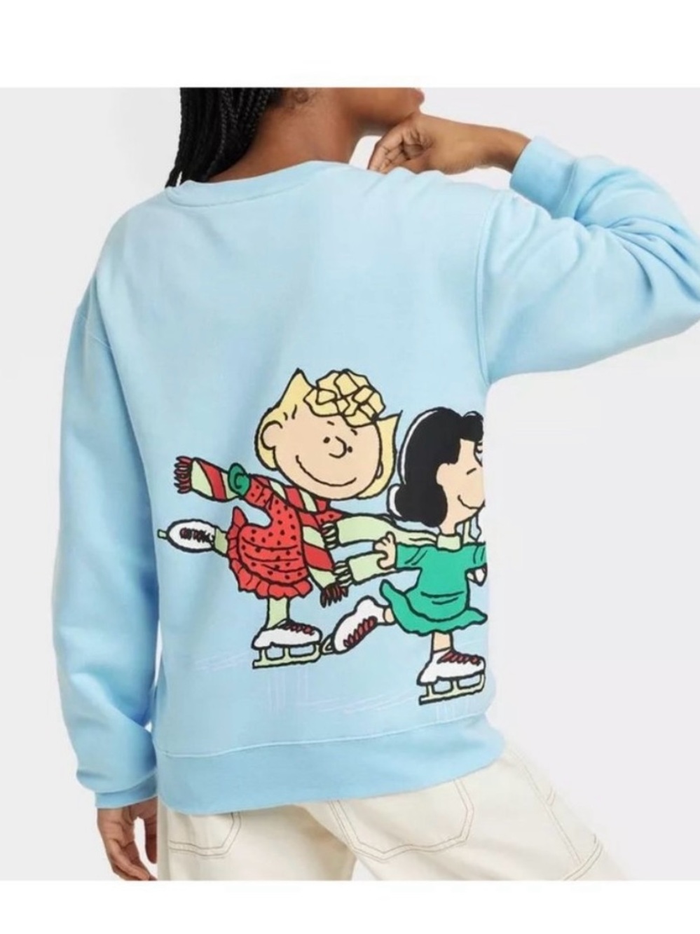 Peanuts Light Blue Crewneck Sweatshirt with Ice Skating Graphic